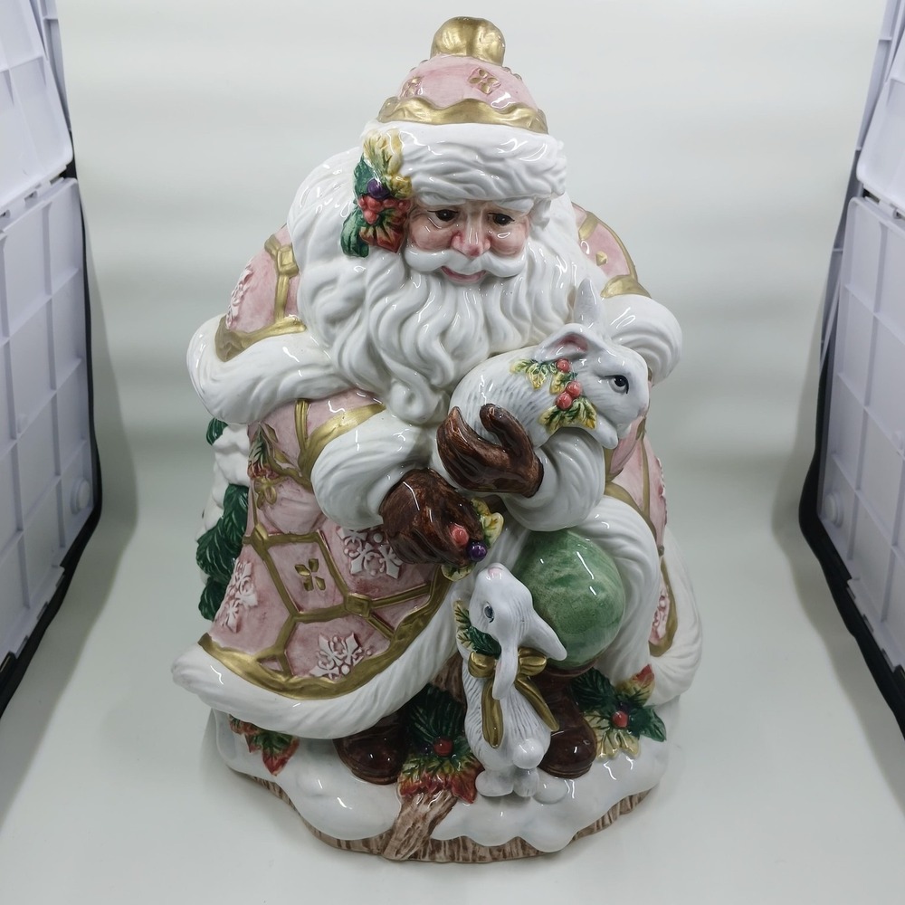 Vintage Fitz and Floyd 1996 Santa Cookie Jar Pink Hand Painted‎ Rabbits Woodland